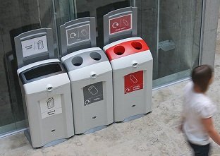 Three Nexus 100 bins creating a recycling station to recycle cans and plastic bottles and for general waste